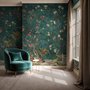 Floral wallpaper with birds in a teal chinoiserie garden with blossoms, pheasant, palms and stone railings