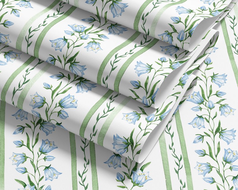 Blue floral stripe wallpaper with pale sky-blue bell flowers, green vines and sage bands on white