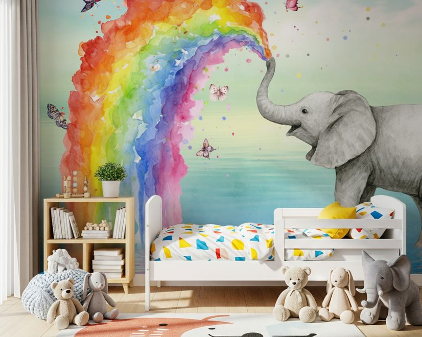 Kids Elephant with Watercolor Rainbow Wallpaper Mural