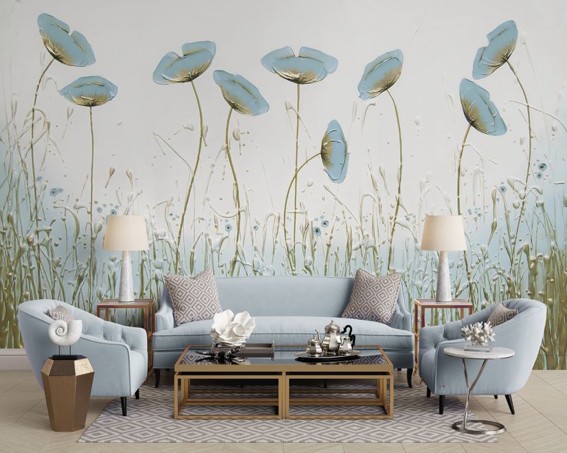 Oil Painting Blue Poppy Flowers Wallpaper Mural