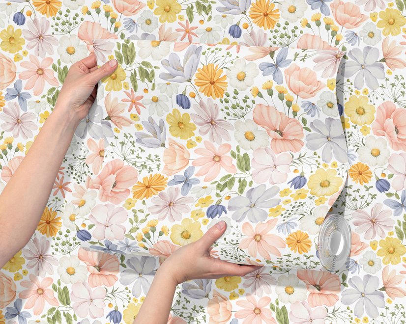 Spring floral wallpaper with pastel watercolour flowers and sage leaves on a clean white ground