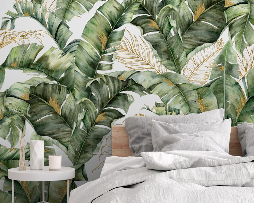 Watercolor Tropical Banana Leaf with Faux Gold Details Wallpaper Mural