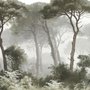 Forest in fog wallpaper with tall pine trees, grey mist, shrubs and a spiky palm in watercolour.