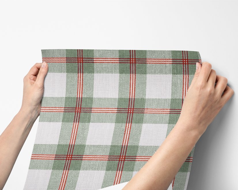 Sage green and cream-white tartan plaid wallpaper with deep red stripes and woven thread texture