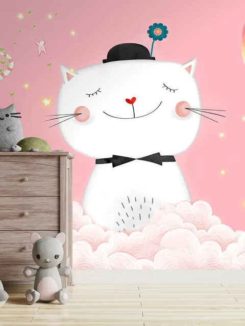 Fototapete Cartoon Glückliche Katze auf den Rosa Wolken