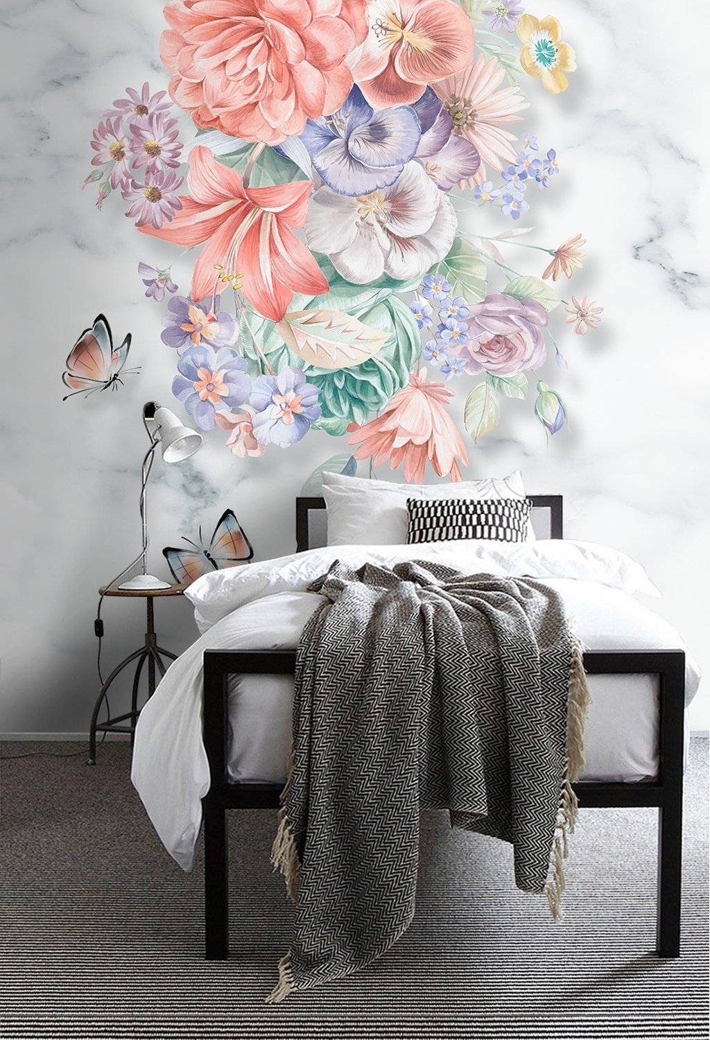 Boho Floral Bouqet with Marble Pattern Wallpaper Mural - Peel and Stick