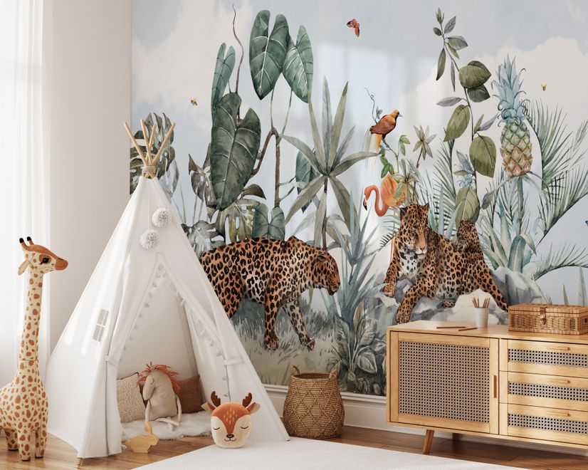 Kids Watercolor Forest with Leopard Wild Animals Wallpaper Mural