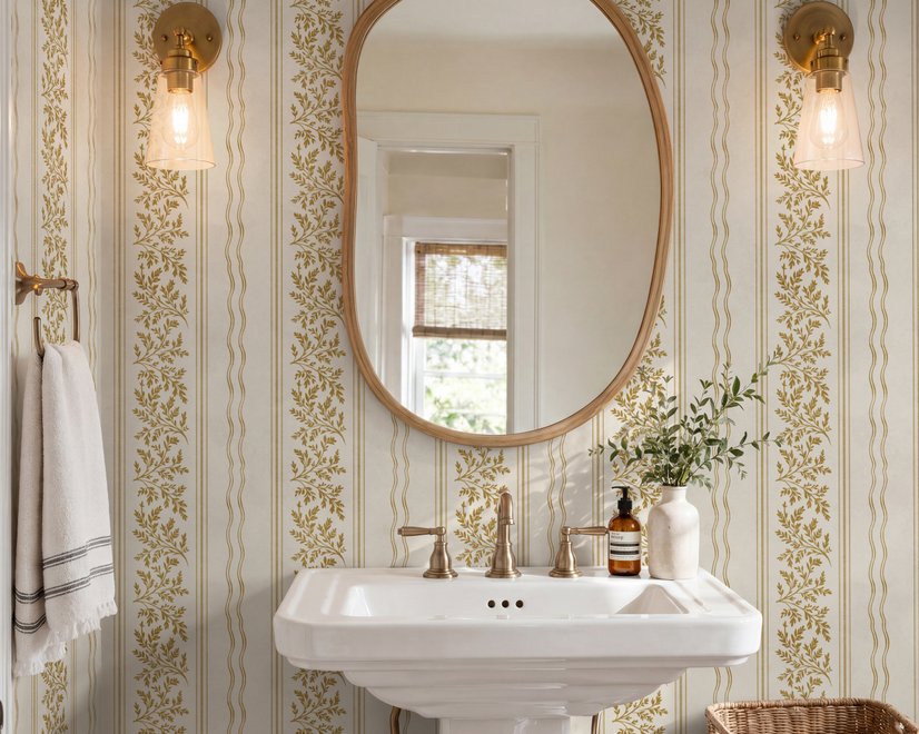 Gold and white wallpaper with antique gold leafy sprig stripes on parchment cream