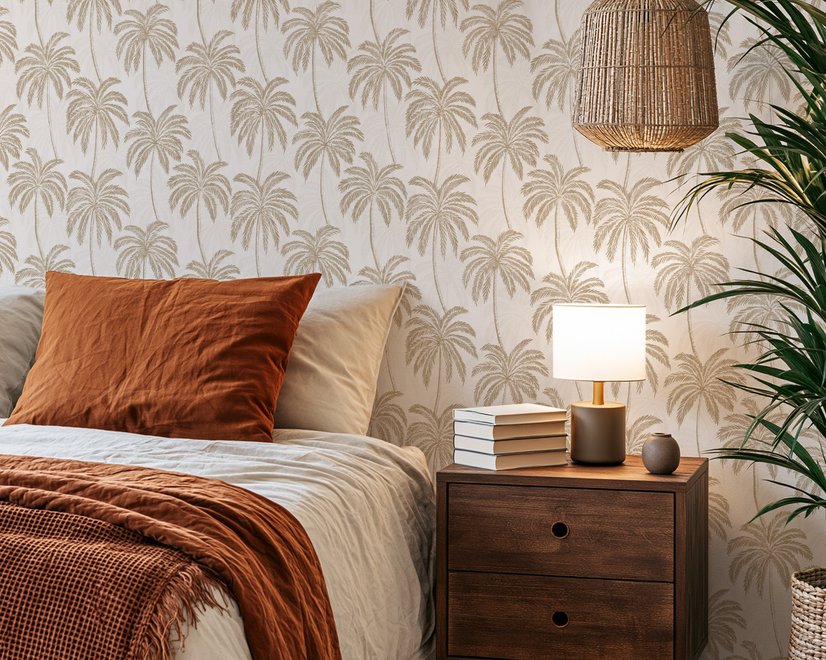 Muted sandy taupe palm trees and pale foliage on a creamy ivory ground tropical wallpaper