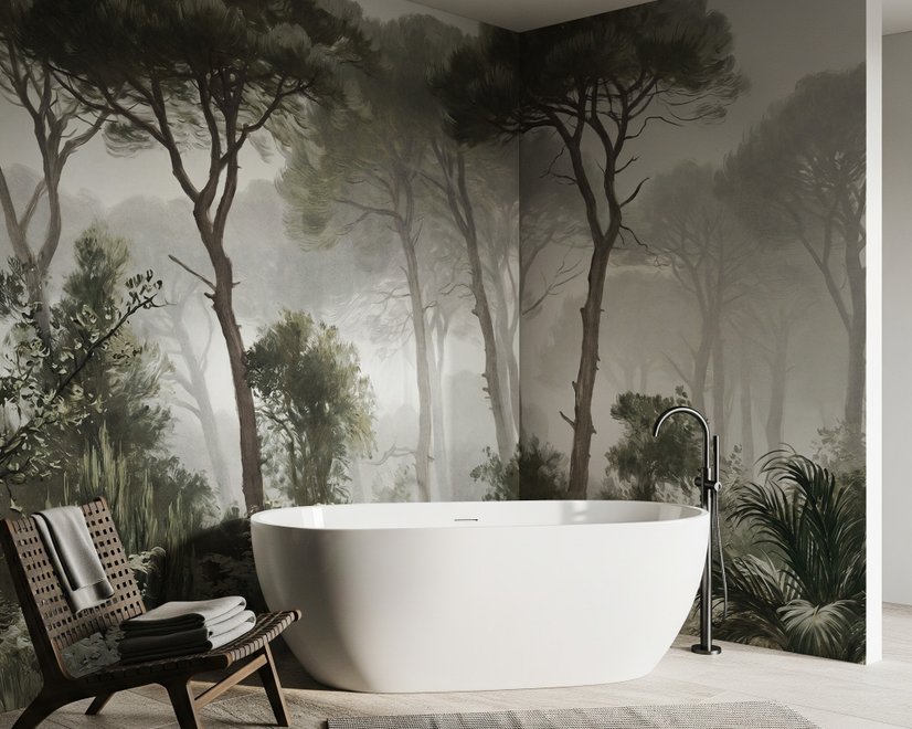 Forest in fog wallpaper with tall pine trees, grey mist, shrubs and a spiky palm in watercolour.
