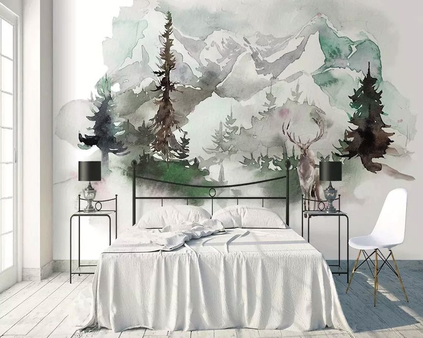 Winter Forest and Horned Deer Wallpaper Mural