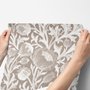 Greige botanical wallpaper with white watercolour flowers, buds, seed heads and acanthus leaves