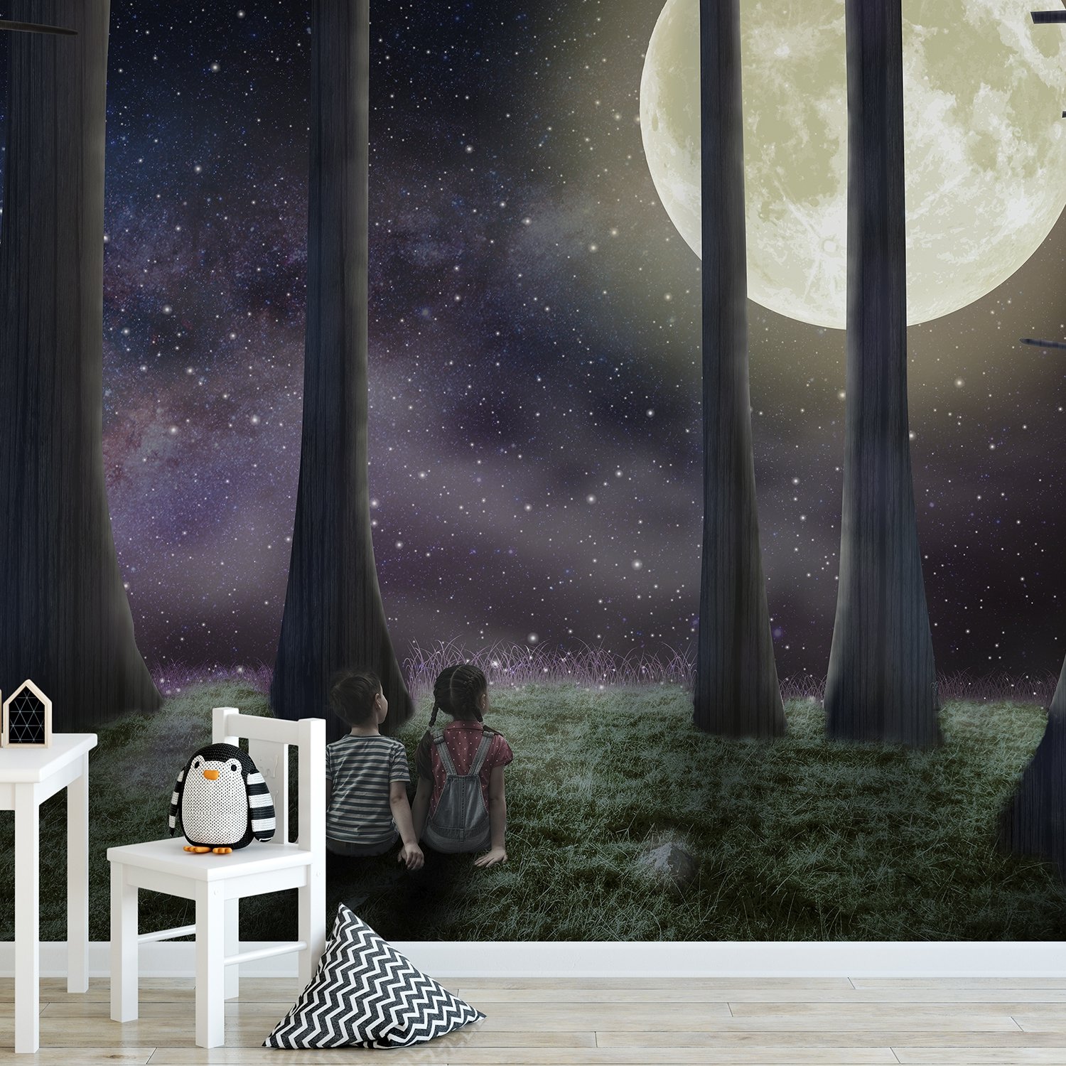 3D Look Moon Landscape with Cute Kids Wallpaper Mural - Peel and Stick