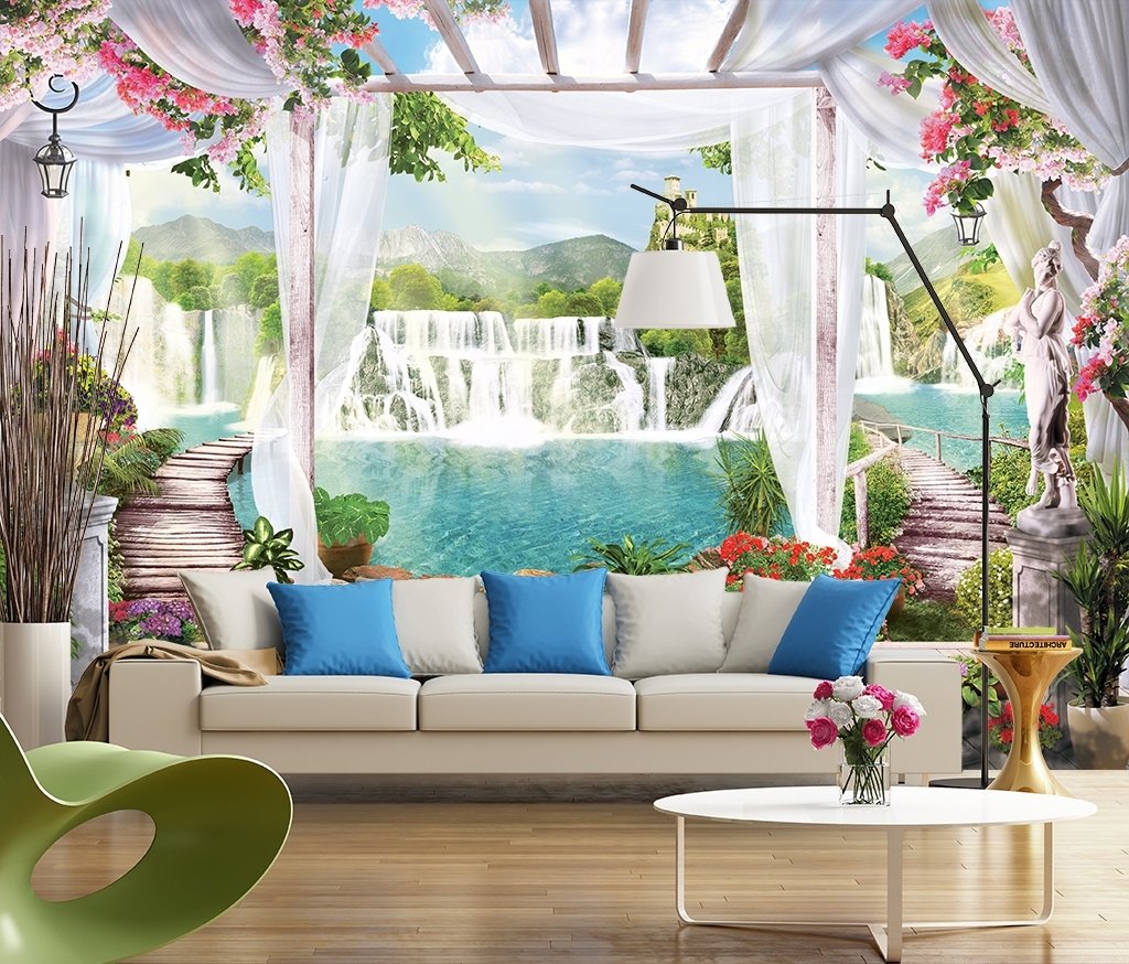 3D Look Waterfall Landscape and Scenic Garden Wallpaper Mural - Peel and Stick