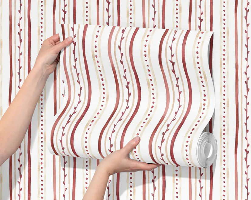 Watercolor stripe leaf wallpaper with burgundy dots and heart leaves on a bright white ground