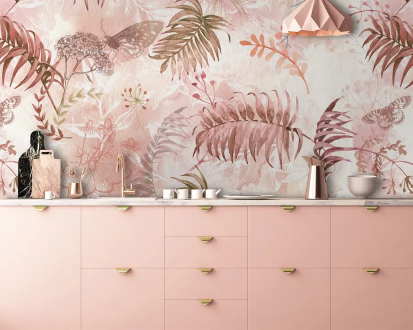 Pink Leaf and Blossom Wallpaper Mural