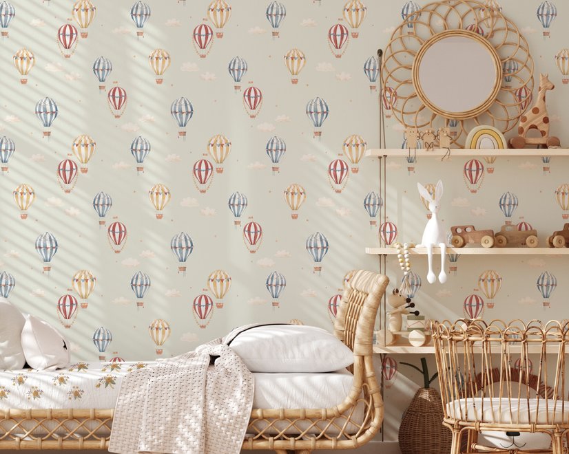 Watercolor blue wallpaper with hot air balloons, cream clouds and peach stars on pale sage green