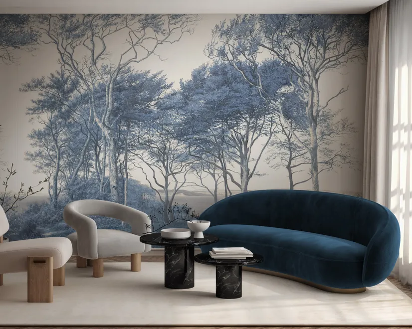 Blue forest background wallpaper mural with coastal trees, sea water and small white sailboats