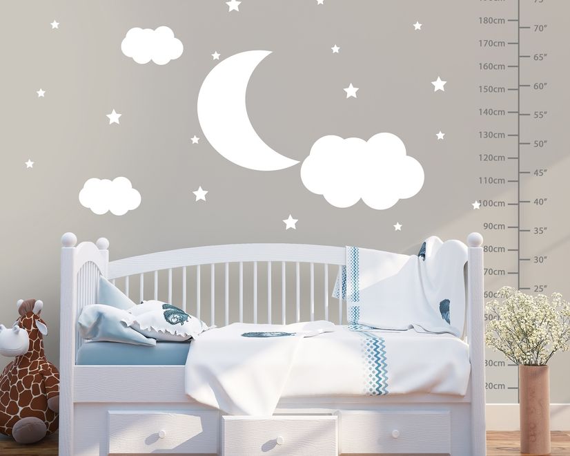 Nursery White Crescent Moon with Clouds Wall Decal Sticker