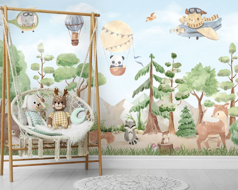 Kids Forest Animals with Flying Animals Wallpaper Mural