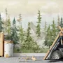 Papier peint panoramique de la forêt de l'aquarelle du pin pour la chambre d'enfant