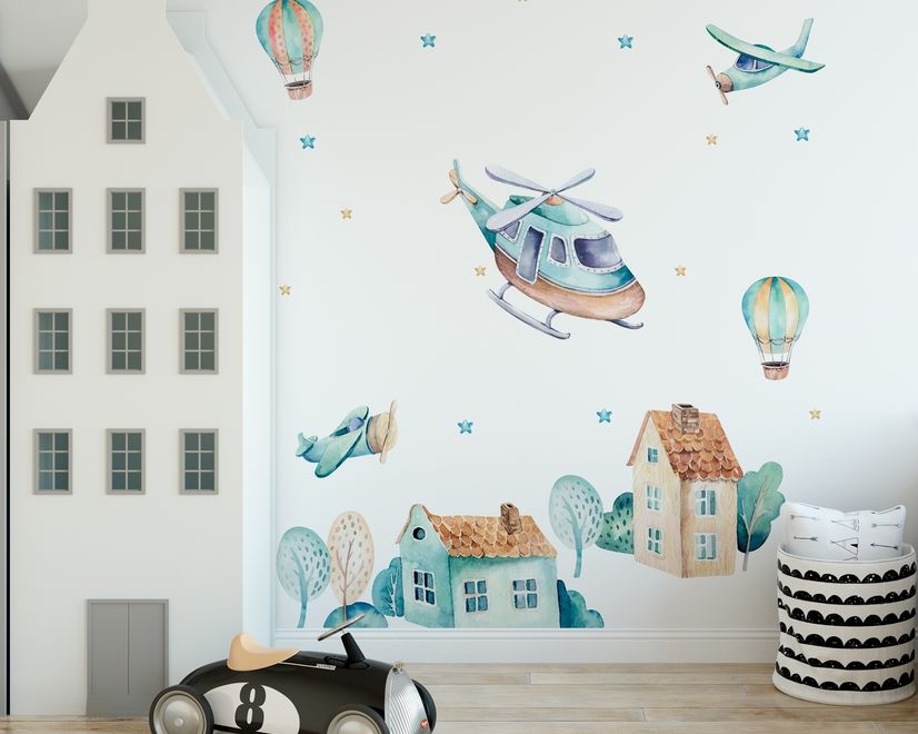Kids Cartoon Village for Boys Watercolor Aircraft and Hot Air Balloon Wall Decal Sticker