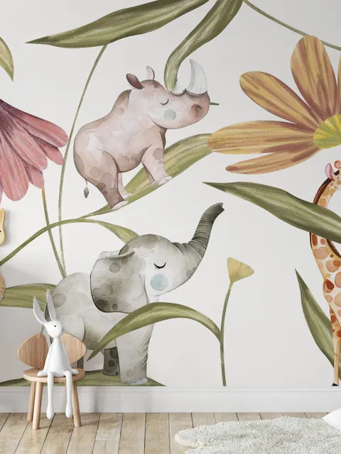 Nursery Tropical Animals with Flowers Wallpaper Mural