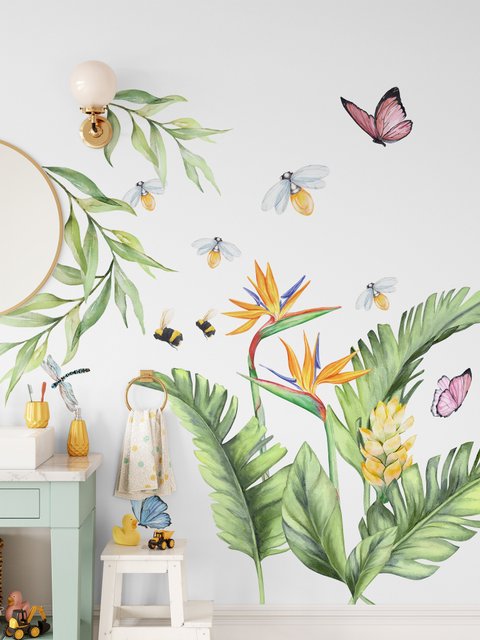 Süße tropische Blätter und Blumen Wandtattoo