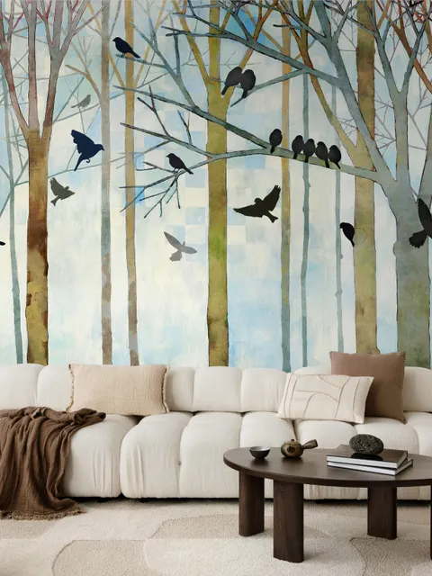 Vintage Abstract Forest and Black Bird Wallpaper Mural