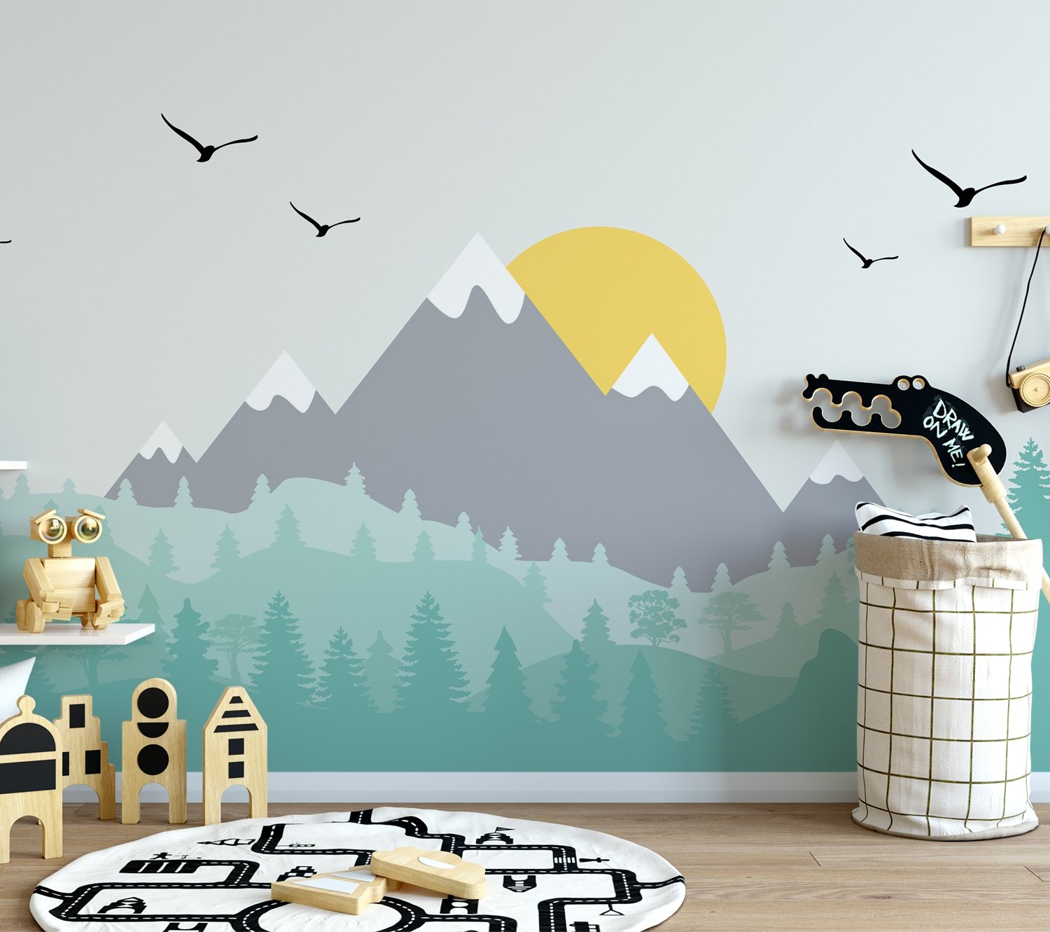 Kids Mountain Landscape with Trees Wallpaper Mural - Peel and Stick