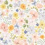 Spring floral wallpaper with pastel watercolour flowers and sage leaves on a clean white ground