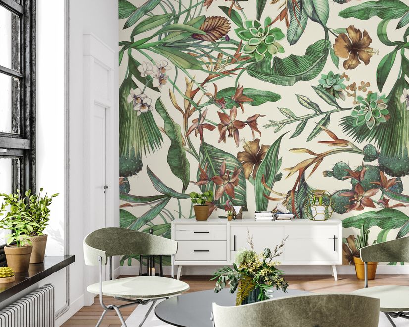 Watercolor Green Tropical Leaves Wallpaper Mural
