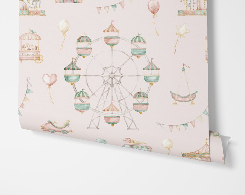 Children's playroom wallpaper with pastel Ferris wheel, carousel horses, tents and balloons on blush pink