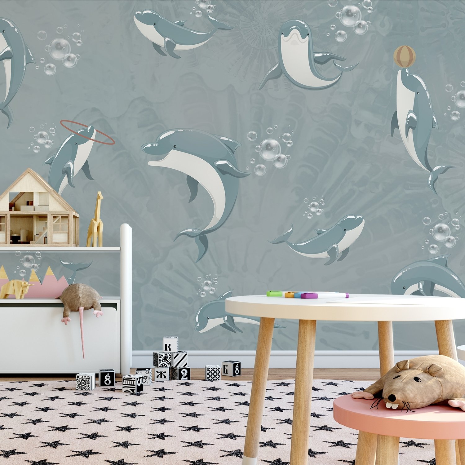 Playing Dolphin Nursery Wallpaper Mural - Peel and Stick