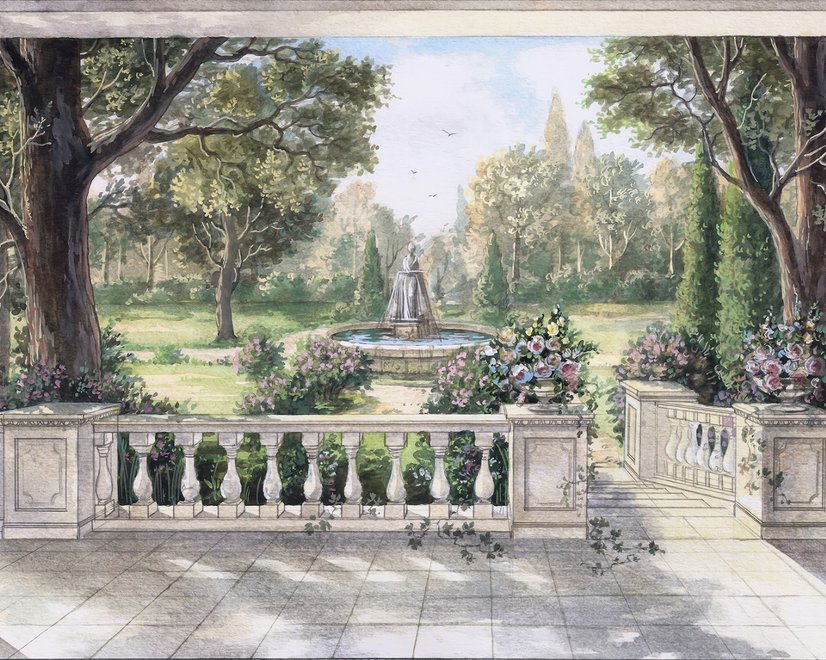 Weiche Zeichnung Wald mit Marmorspringbrunnen Fototapete