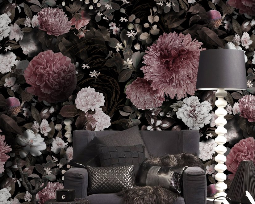 Dark Floral with Pink Chrysanthemum Wallpaper Mural