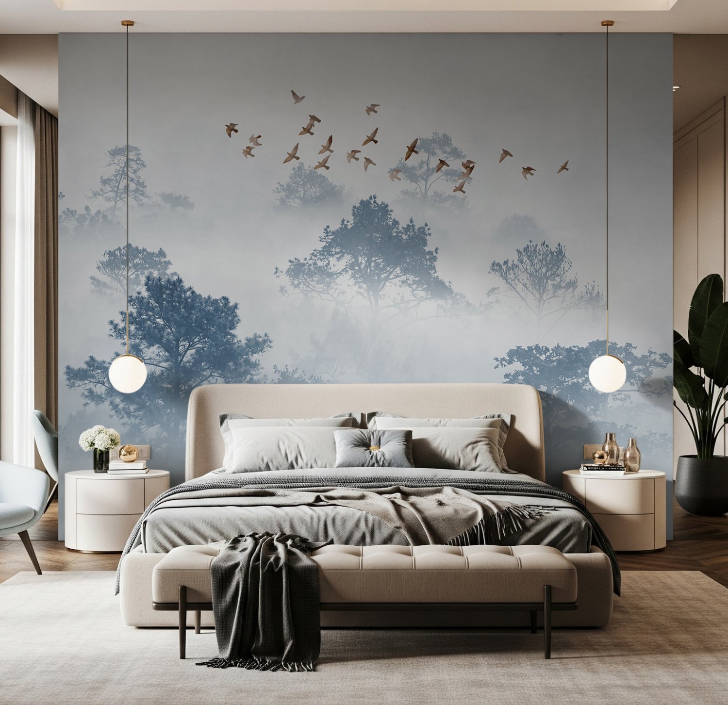 Misty Forest with Birds Wallpaper Mural - Peel and Stick
