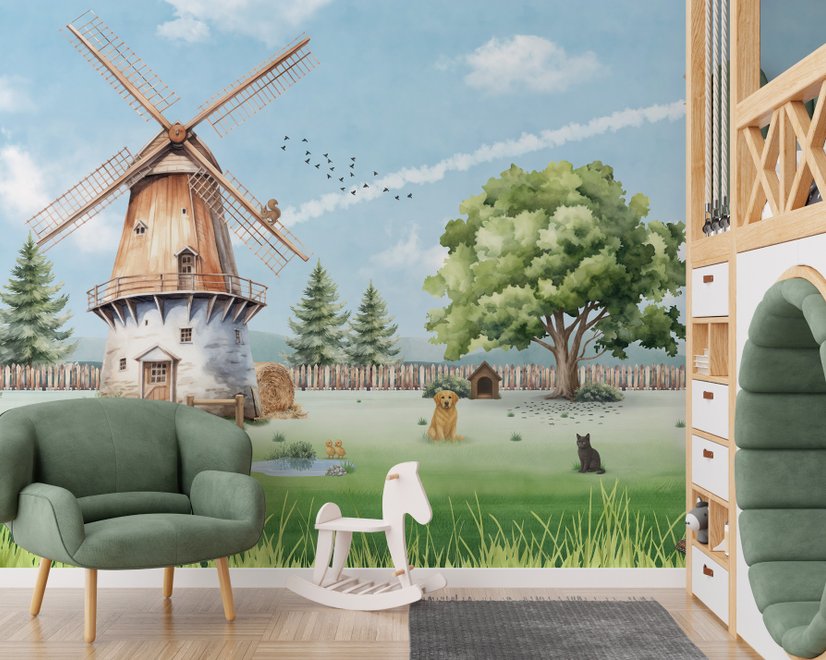 Cute Kids Windmill Farm Animals Wallpaper Mural