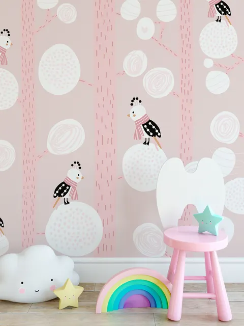 Dreamy Birds on Birch Tree Nursery Wallpaper Mural