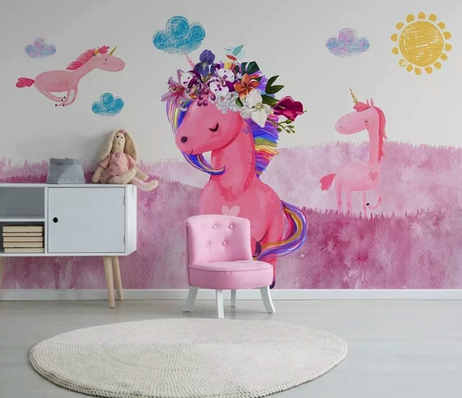 Cartoon Pink Unicorn Drawing Art Wallpaper Mural - Peel and Stick