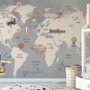 Vintage Kids World Map with Aircraft and Hot Air Balloon Wallpaper Mural