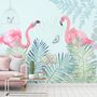 Vintage Pink Flamingo with Tropical Leaves Wallpaper Mural