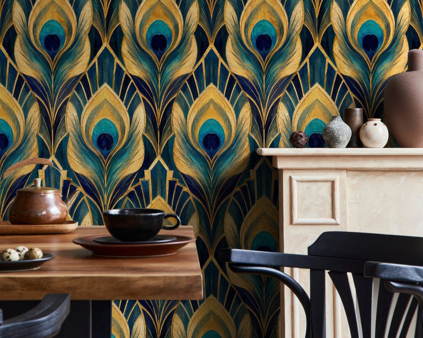 Art Deco feathers wallpaper with turquoise peacock eyes, gold plumes and navy teal ground