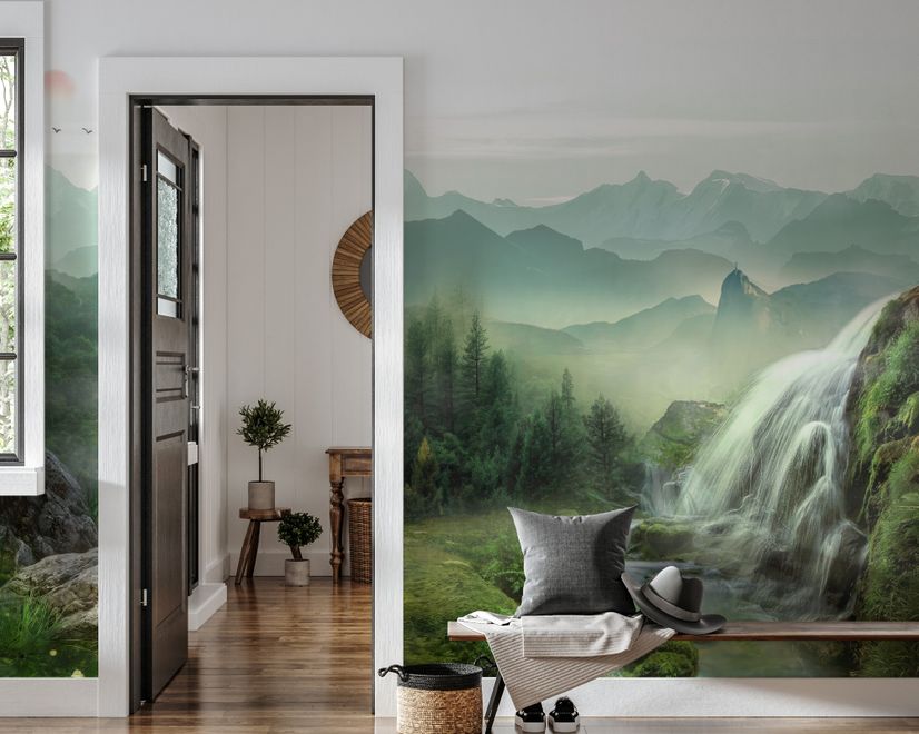 Waterfall with Misty Green Forest Landscape Wallpaper Mural
