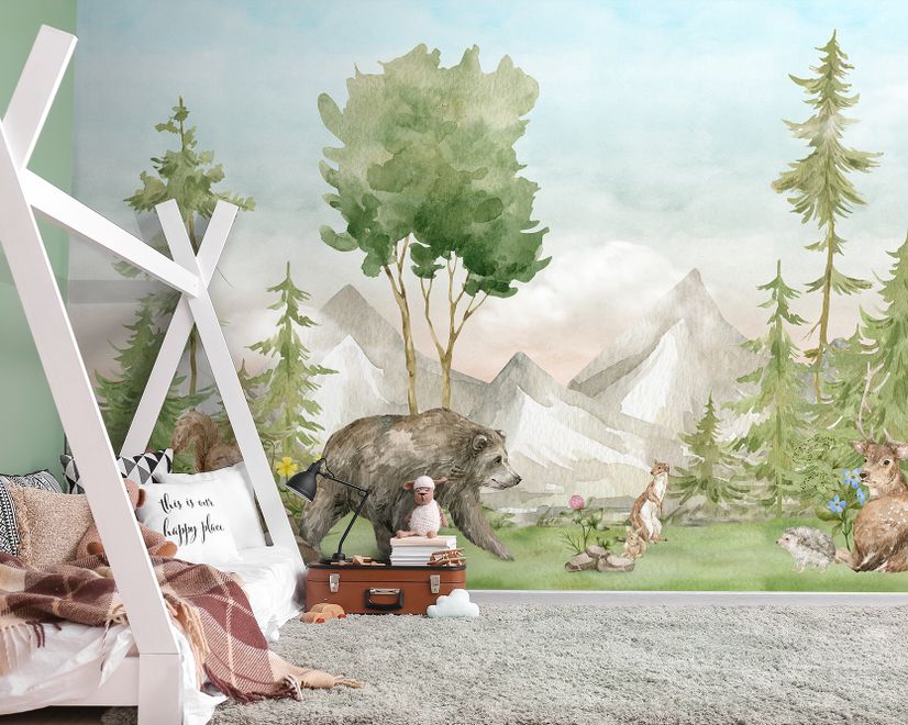 Kids Watercolor Coniferous Forest with Animals Wallpaper Mural
