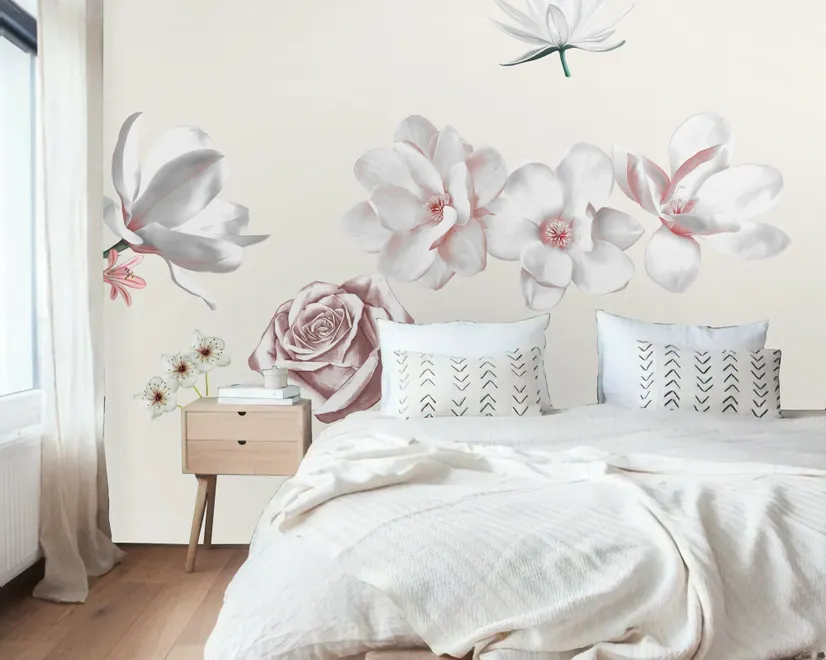 3D Floral White Daisy Lily Orchid Flower Bouqets Wall Decal Sticker