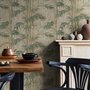 Vintage bamboo wallpaper with sage and smoky blue-green leaves on a warm taupe ground