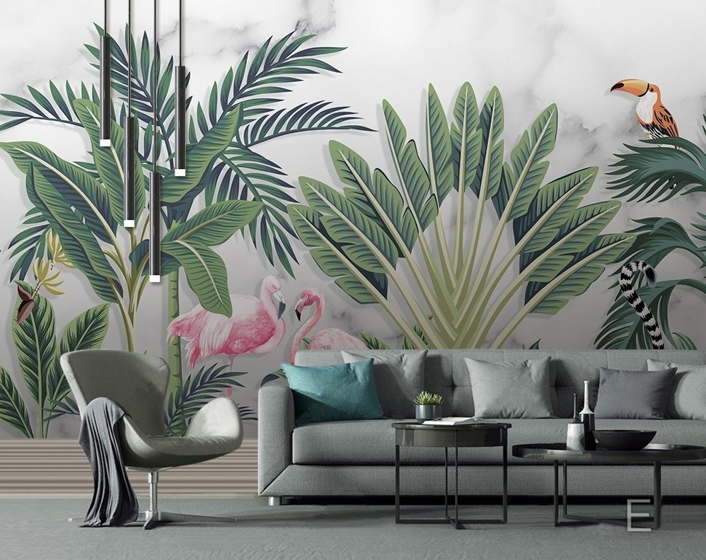 Flamingo Toucan with Vintage Forest Wallpaper Mural - Peel and Stick