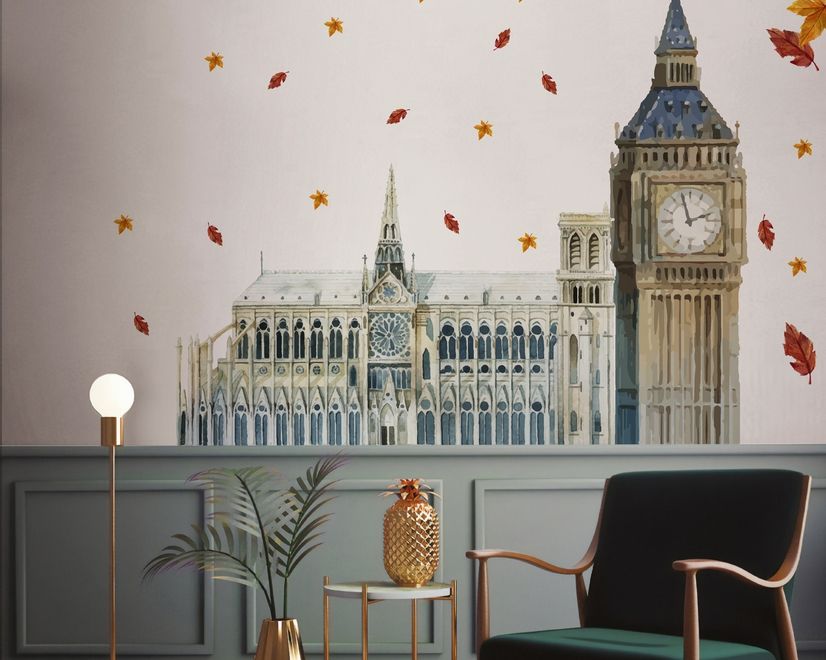 London Big Ben and Westminster with Autumn Leaves Wall Decal Sticker