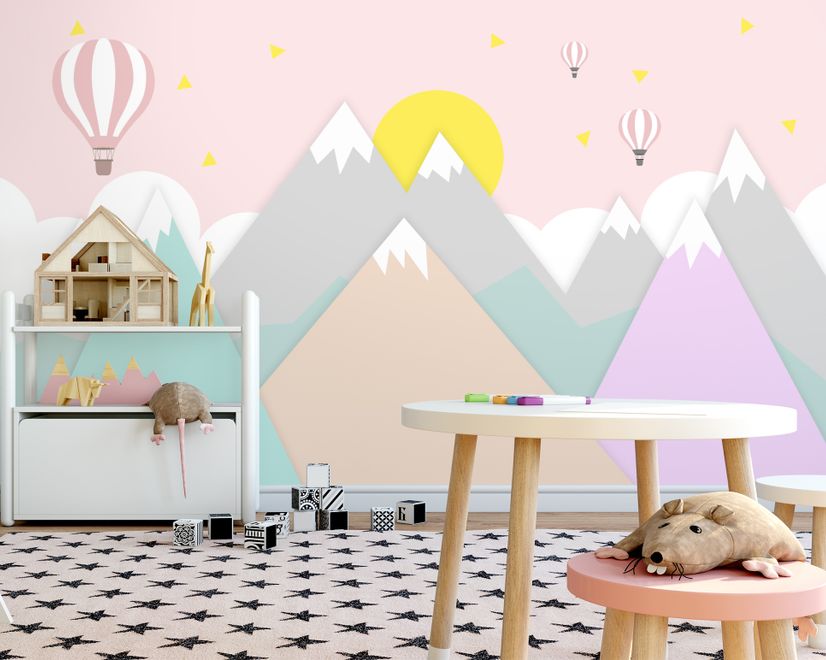 Pink Mountainscape and Hot Air Balloon Wallpaper Mural